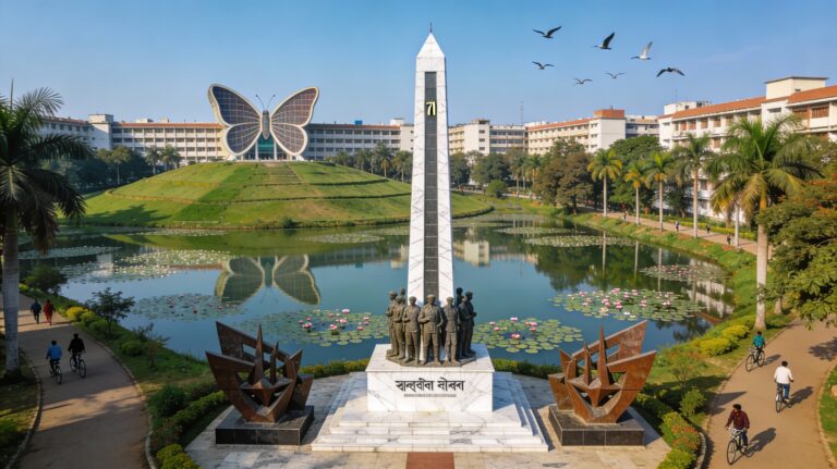 Photorealistic aerial view of Jahangirnagar University (JU) campus in Savar, Bangladesh, featuring the iconic 71-foot Shaheed Minar monument on green hills beside a serene lake with water lilies and migratory birds, residential halls in the background, and students on paths under a clear winter sky.