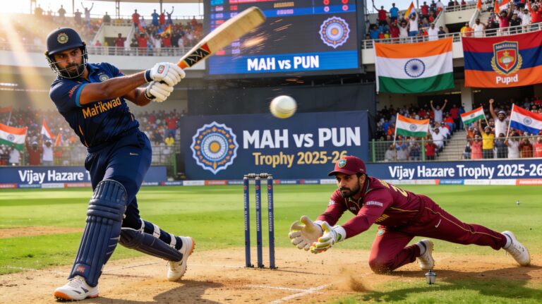 Dynamic action shot of Ruturaj Gaikwad batting aggressively for Maharashtra while Prabhsimran Singh dives for a catch at point for Punjab during their Vijay Hazare Trophy 2025-26 Group C match at Anantam Ground, Jaipur. Vibrant stadium atmosphere with fans, scoreboards, and trophy logos in background.