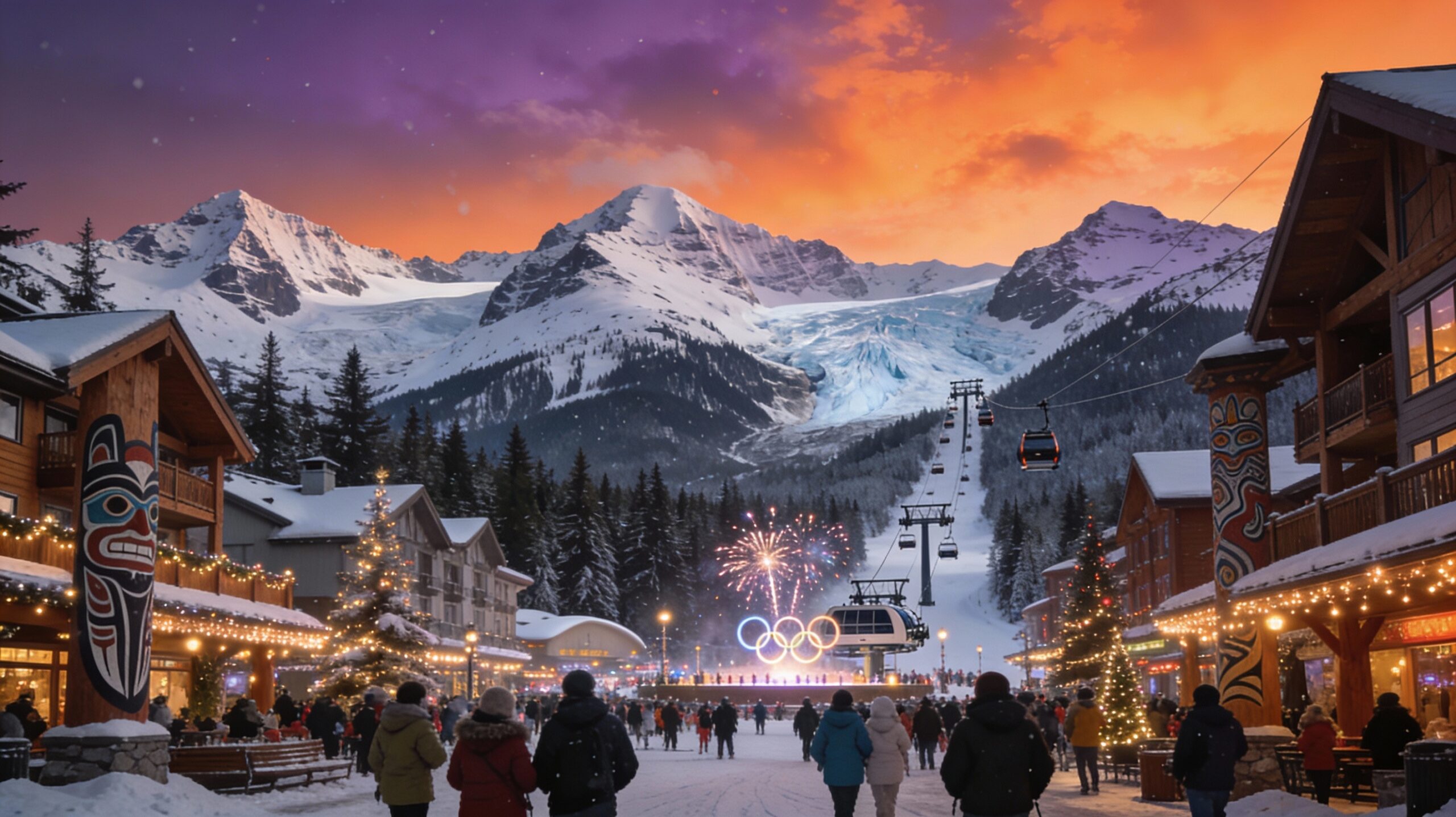 Panoramic view of Whistler's mountains under fiery sunset, village lights twinkling with fireworks and crowds, new chairlift on glacier in distance.
