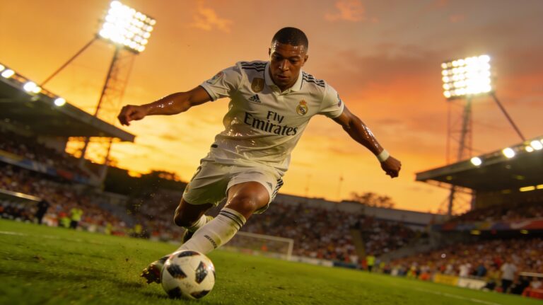 Photorealistic image of Kylian Mbappé sprinting with the ball during a Real Madrid match, wearing the white home kit under stadium lights, low-angle shot emphasizing speed and power on a vibrant green field with blurred crowd background