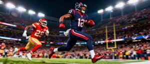 Digital illustration of an American football game between the Houston Texans and Kansas City Chiefs at night. A Texans player in a deep steel blue jersey runs with the football while a Chiefs player in red chases him in a packed, illuminated stadium.