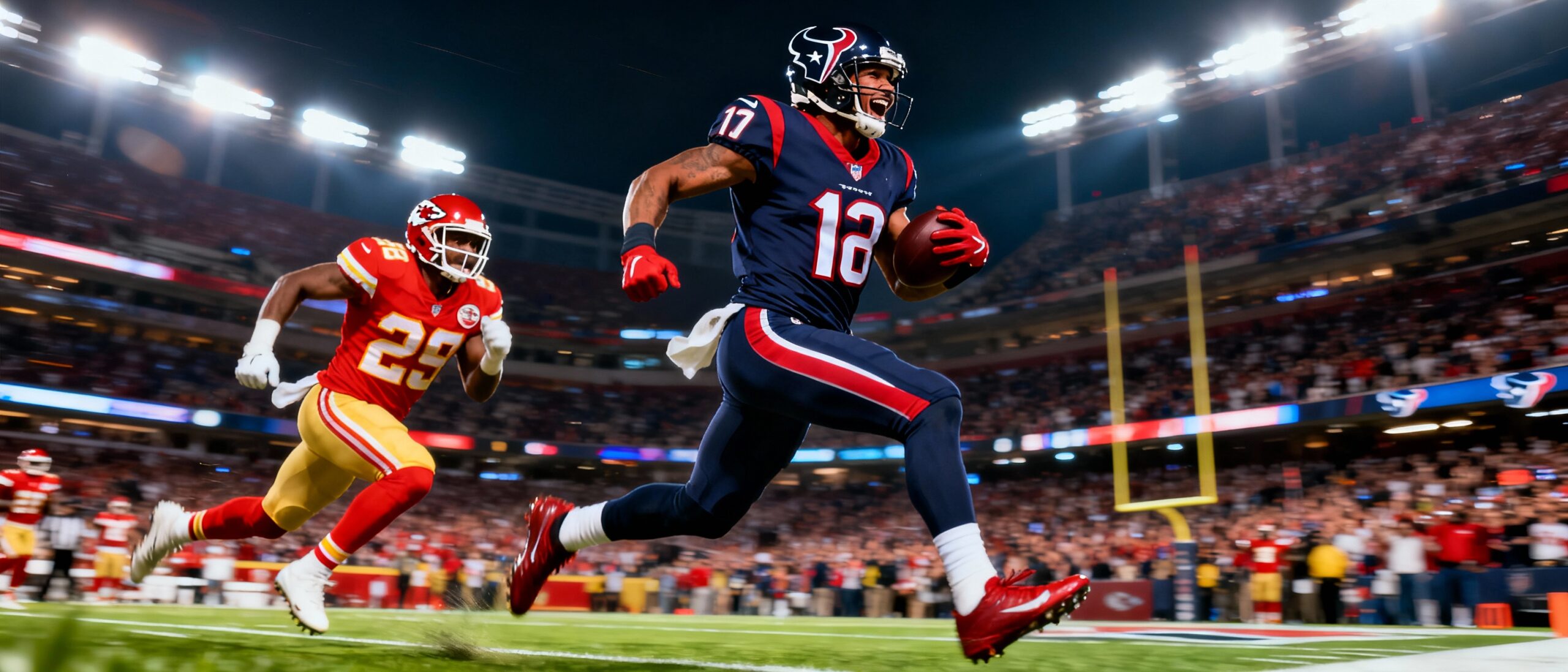 Digital illustration of an American football game between the Houston Texans and Kansas City Chiefs at night. A Texans player in a deep steel blue jersey runs with the football while a Chiefs player in red chases him in a packed, illuminated stadium.