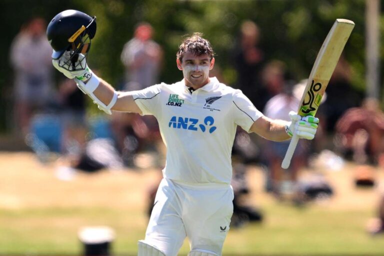 "Tom Latham celebrates his 14th Test century against West Indies at Hagley Oval, Christchurch on December 3, 2025"