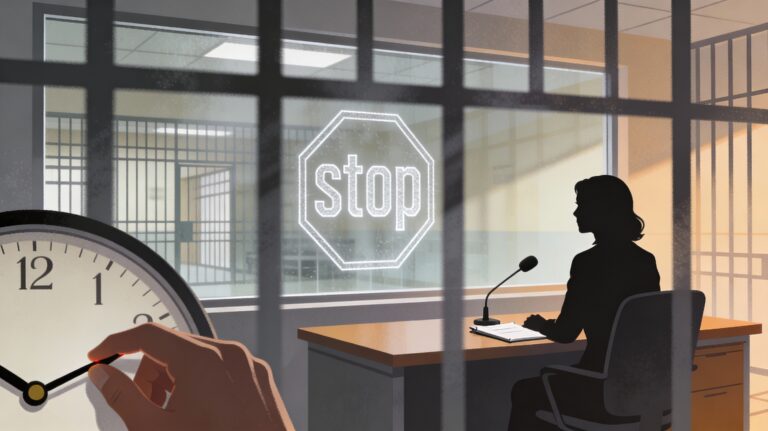 "A silhouetted female journalist sits at a newsroom desk with a microphone and notepad, facing a large glass barrier with a prohibition symbol. Behind the barrier is a blurred institutional building. Warm amber and gray newsroom lighting contrasts with cold shadows cast by the barrier. A clock face in the foreground shows a hand approaching a critical moment. The image symbolizes the tension between journalistic duty and institutional constraints on press freedom."