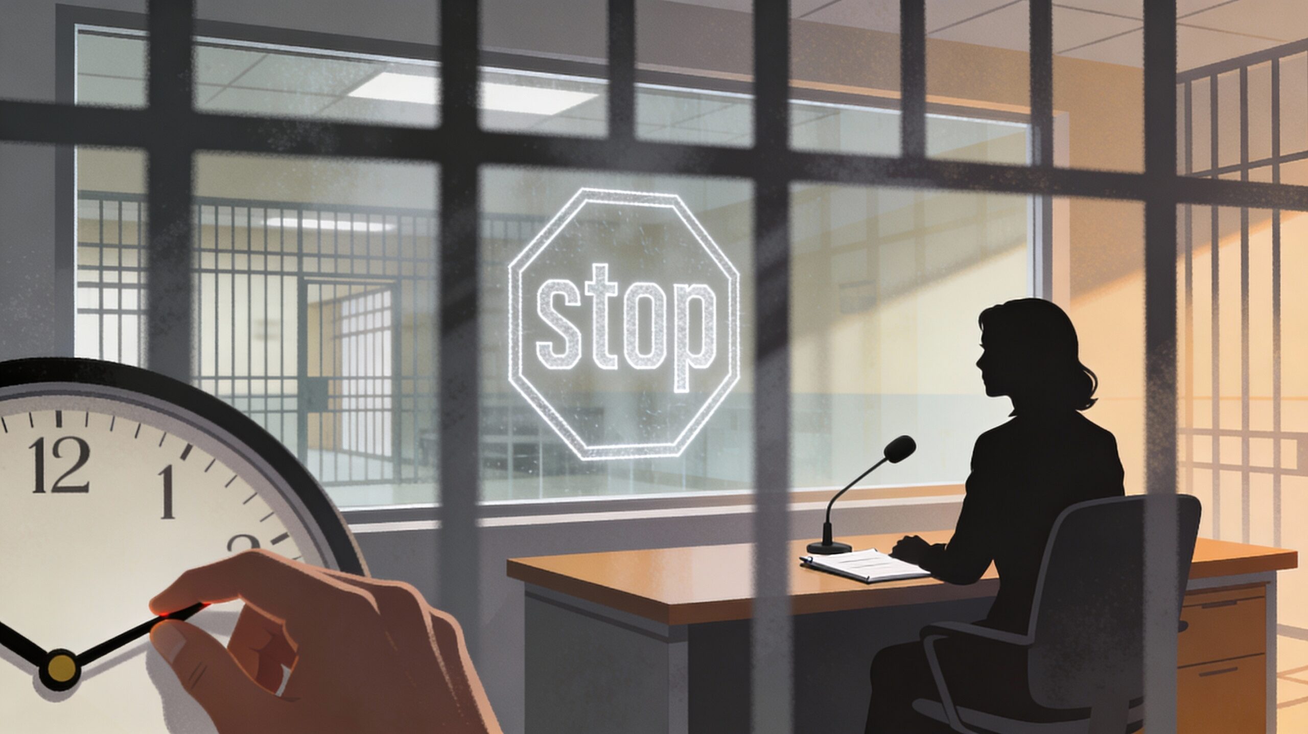 "A silhouetted female journalist sits at a newsroom desk with a microphone and notepad, facing a large glass barrier with a prohibition symbol. Behind the barrier is a blurred institutional building. Warm amber and gray newsroom lighting contrasts with cold shadows cast by the barrier. A clock face in the foreground shows a hand approaching a critical moment. The image symbolizes the tension between journalistic duty and institutional constraints on press freedom."