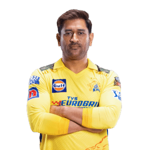 Illustration of MS Dhoni showing his IPL journey with bold colors and stylized cricket elements.