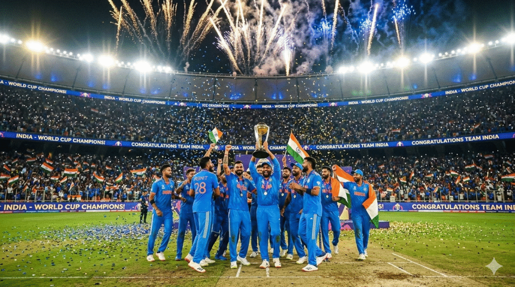India T20 World Cup 2026 winners celebrating at Narendra Modi Stadium Ahmedabad