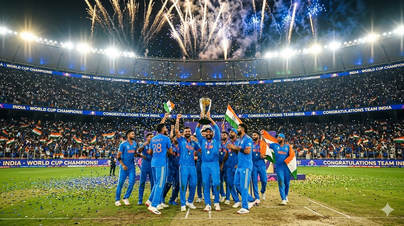India T20 World Cup 2026 winners celebrating at Narendra Modi Stadium Ahmedabad