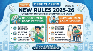 Infographic of CBSE Class 10 New Rules 2025-26 for Improvement and Compartment exams, highlighting eligibility and multiple chances.