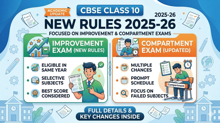 Infographic of CBSE Class 10 New Rules 2025-26 for Improvement and Compartment exams, highlighting eligibility and multiple chances.