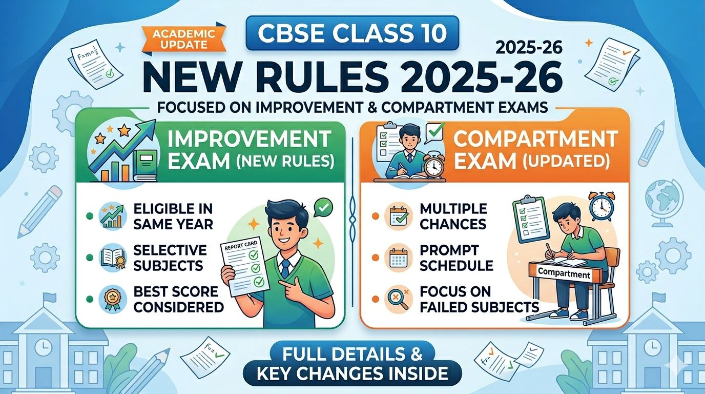 Infographic of CBSE Class 10 New Rules 2025-26 for Improvement and Compartment exams, highlighting eligibility and multiple chances.