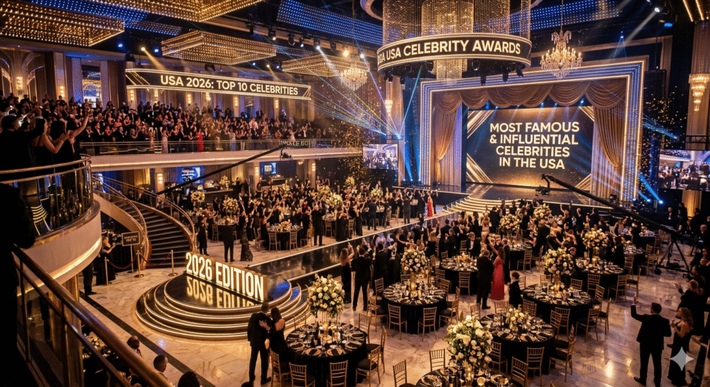 An expansive, high-angle wide shot of a prestigious, glamorous gala event set in a grand, multi-level ballroom for the "2026 USA Celebrity Awards." The room is filled with guests in formal evening wear seated at elegant round tables adorned with large white floral centerpieces. A large illuminated stage features a golden digital screen that reads "MOST FAMOUS & INFLUENTIAL CELEBRITIES IN THE USA." Modern architecture, warm golden lighting, cascading crystal chandeliers, and glowing signs reading "2026 EDITION" and "USA 2026: TOP 10 CELEBRITIES" create a sophisticated and cinematic atmosphere.