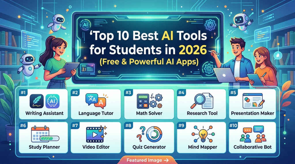 A vibrant, futuristic educational infographic titled "Top 10 Best AI Tools for Students in 2026 (Free & Powerful AI Apps)". The image features a sleek digital screen with three students interacting with laptops and tablets, surrounded by friendly little robot assistants in a modern library setting. Below the main heading, a grid of ten numbered, colorful icons displays student utility categories: #1 Writing Assistant, #2 Language Tutor, #3 Math Solver, #4 Research Tool, #5 Presentation Maker, #6 Study Planner, #7 Video Editor, #8 Quiz Generator, #9 Mind Mapper, and #10 Collaborative Bot.