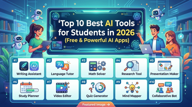 A vibrant, futuristic educational infographic titled "Top 10 Best AI Tools for Students in 2026 (Free & Powerful AI Apps)". The image features a sleek digital screen with three students interacting with laptops and tablets, surrounded by friendly little robot assistants in a modern library setting. Below the main heading, a grid of ten numbered, colorful icons displays student utility categories: #1 Writing Assistant, #2 Language Tutor, #3 Math Solver, #4 Research Tool, #5 Presentation Maker, #6 Study Planner, #7 Video Editor, #8 Quiz Generator, #9 Mind Mapper, and #10 Collaborative Bot.